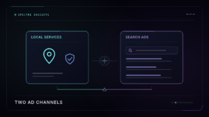 Map pin and search result panels illustrate two distinct ways local service businesses can advertise.
