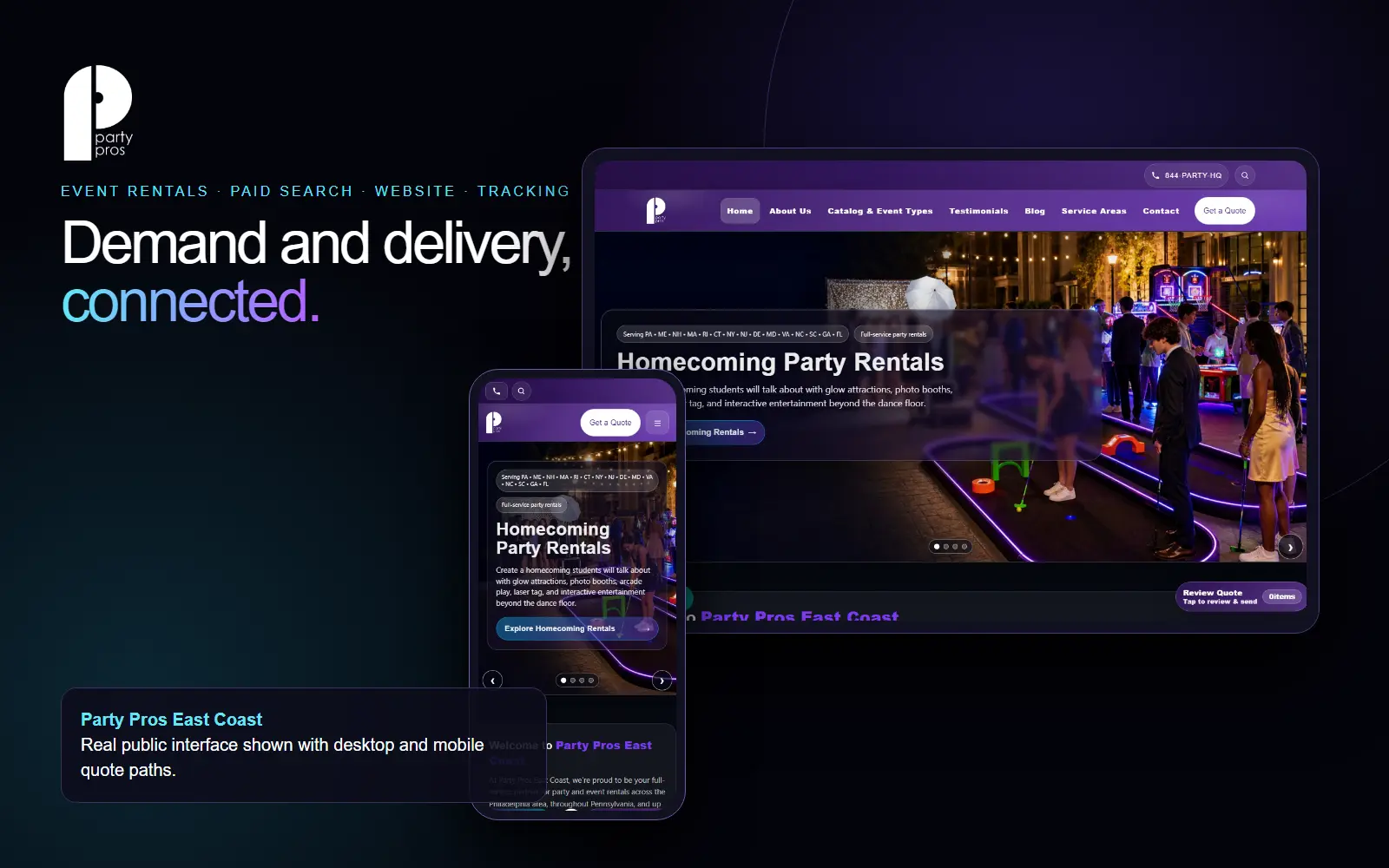Party Pros East Coast public website shown in desktop and mobile Prism frames