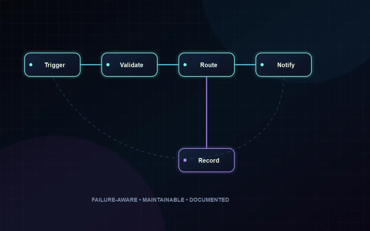 Workflow diagram connecting a form submission to routing and follow-up steps