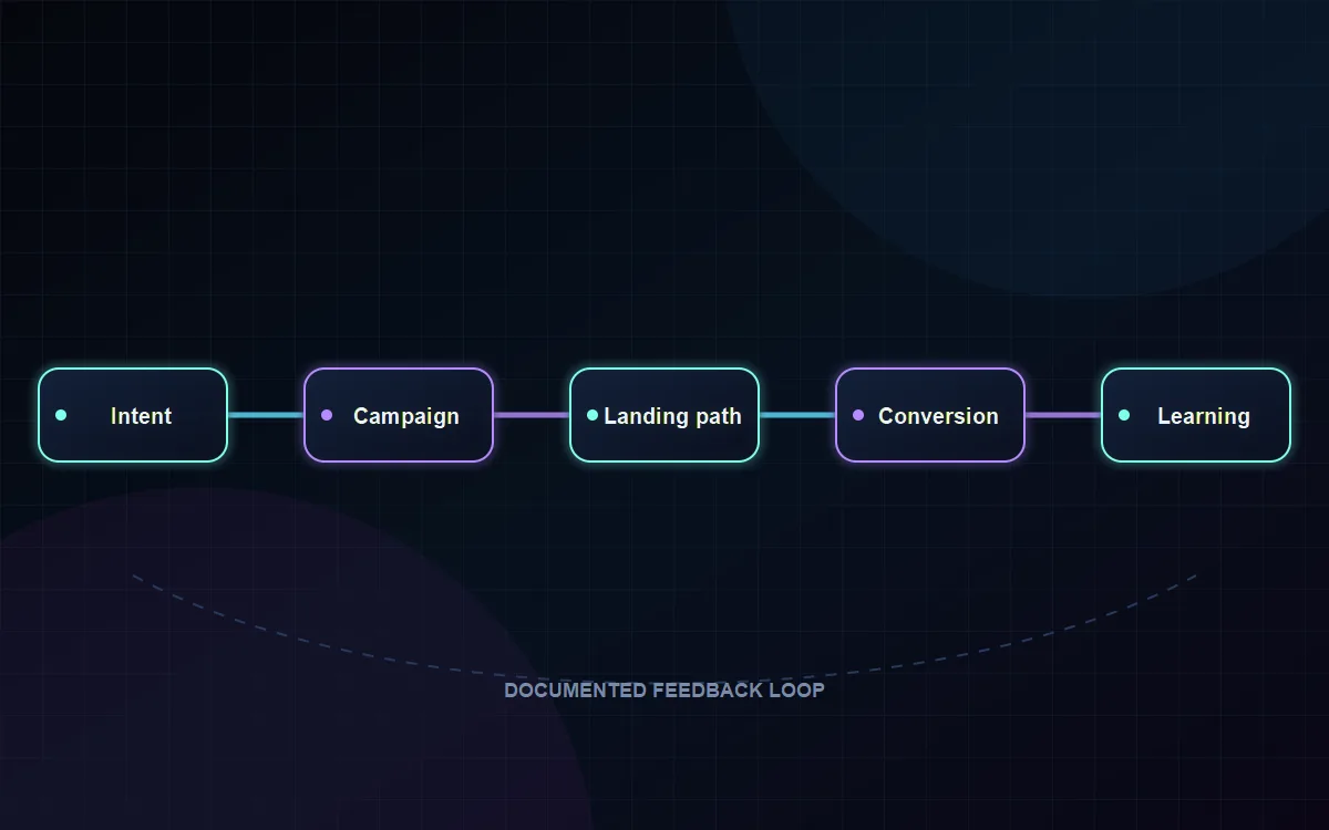 Illustrated path from a Google Ads click through a landing page, conversion tracking, and follow-up