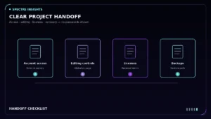 Illustration of a website handoff with access, editing, licensing and recovery documents.
