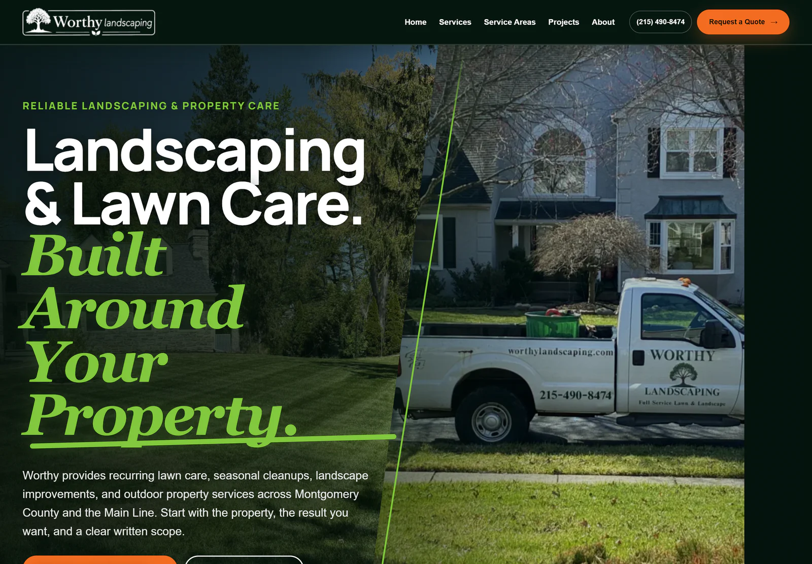 Worthy Landscaping homepage on desktop, showing lawn imagery, service navigation, and an estimate-request section.
