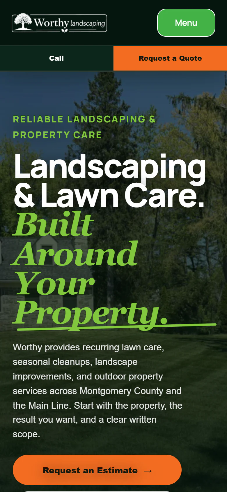 Mobile view of Worthy Landscaping's refreshed homepage with compact navigation and service messaging.