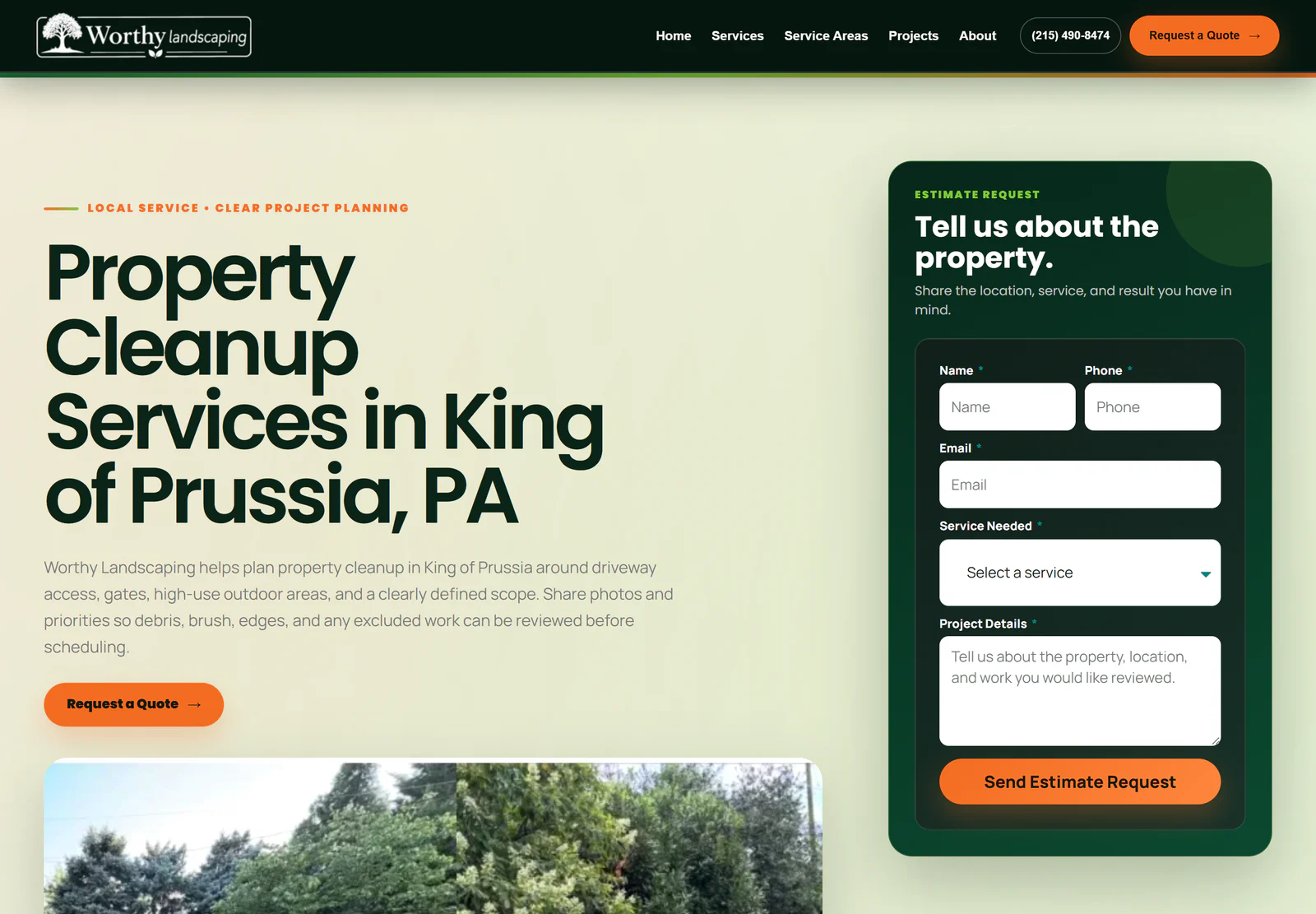 Worthy Landscaping property-cleanup page for King of Prussia, with service details and an estimate path.