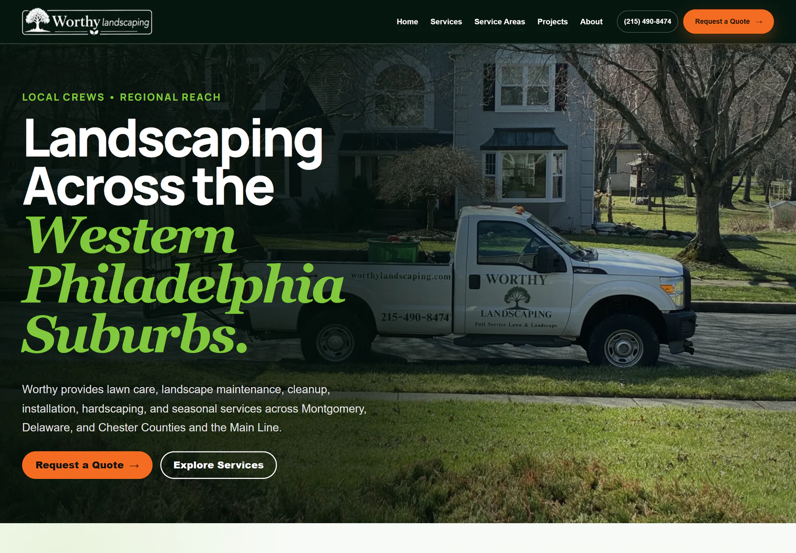 Worthy Landscaping regional navigation for Montgomery, Delaware, and Chester Counties and the Main Line.
